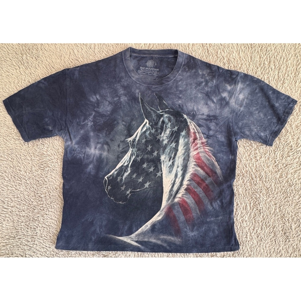 The Mountain Patriotic American Flag Horse Tie Dye T-Shirt XL Navy Blue Graphic